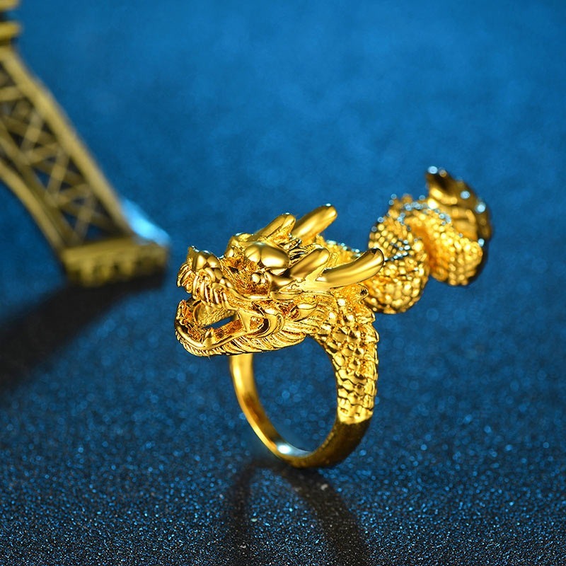 Fashion Men's Golden Domineering Dragon Head Open Ring