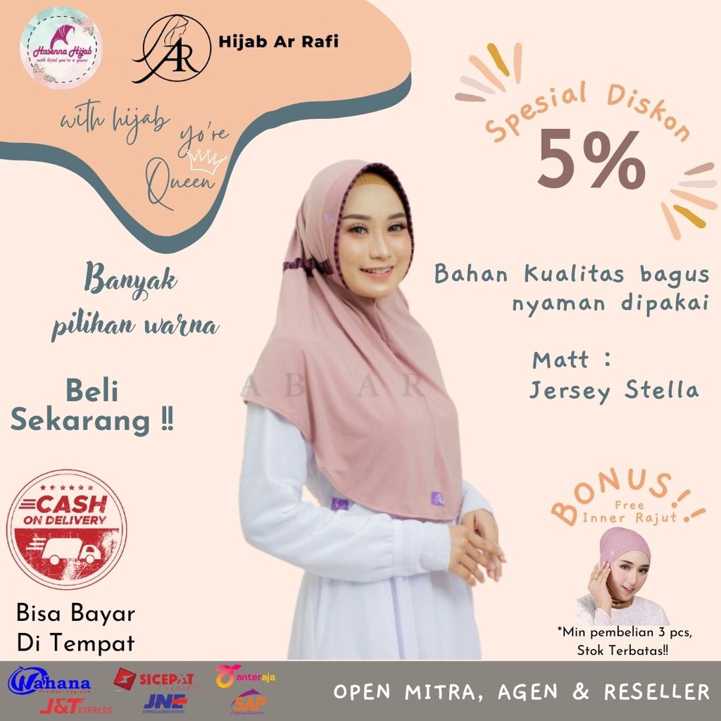 Jilbab Arrafi Terbaru AR 045 Std Polos Garis Serut Kombinasi Bahan Jersey Stella