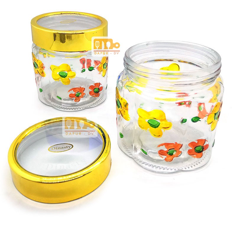 Toples Kaca / kue permen motif Bunga tutup 12cm - Random colour