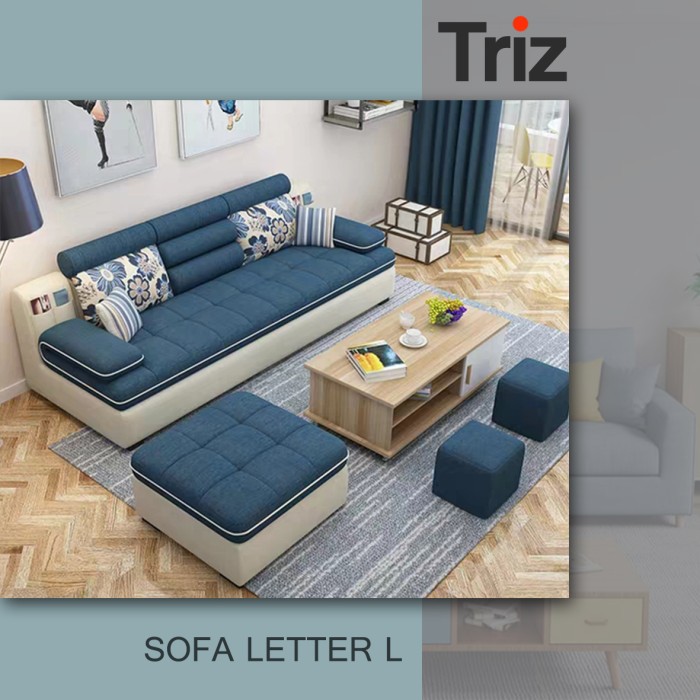 sofa minimalis l 3 seater furniture minimalis warna biru putih bonus meja minimalis [Triz Furniture]