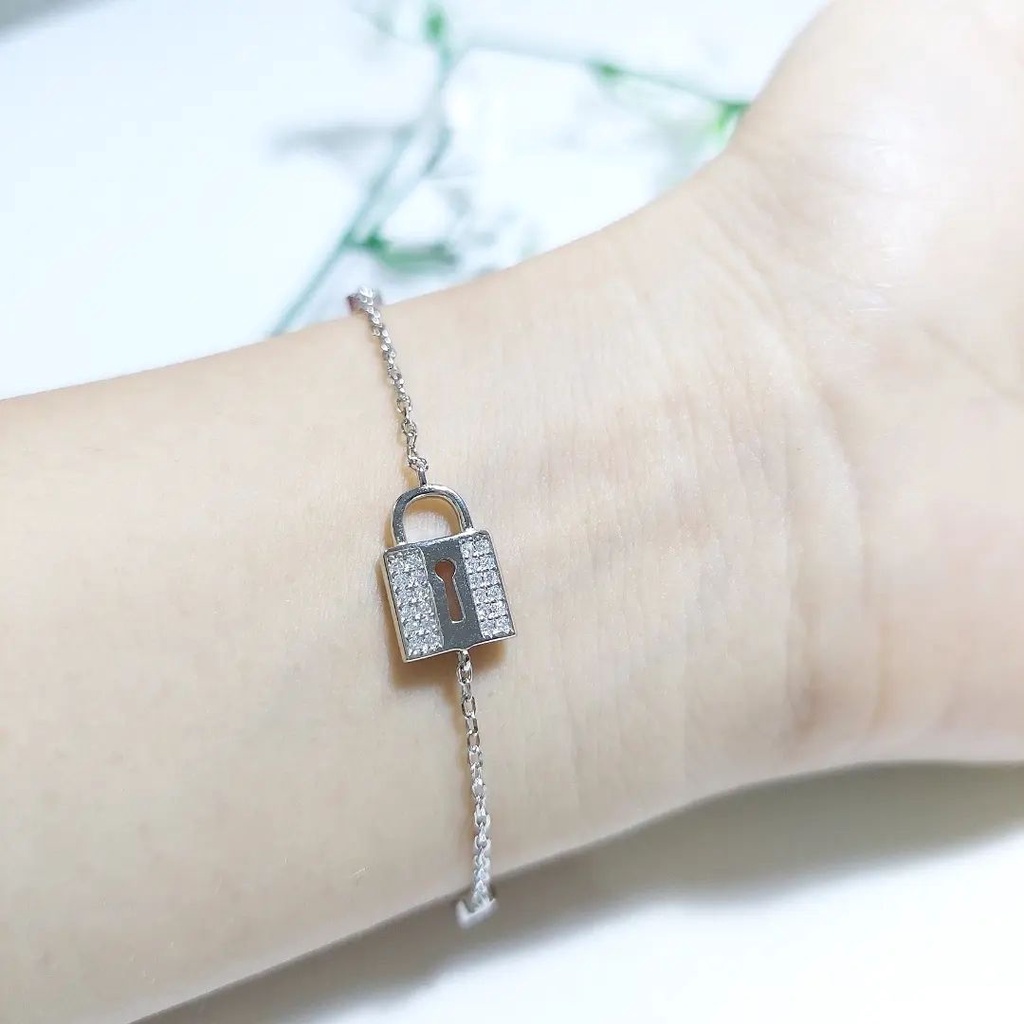 Gelang Tangan Gembok Perak Asli 925 Lapis Mas Putih - GT113 Anak remaja Dewasa