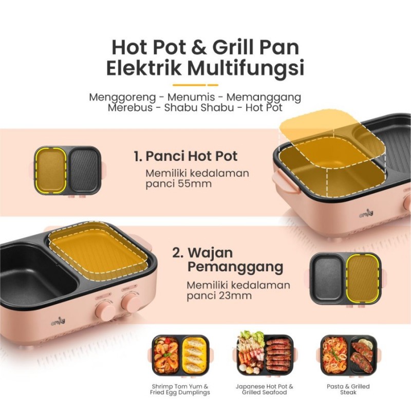 Emily 2 in 1 Electric Griller &amp; Hot Pot / Pemanggang Perebus Makanan - 1 L