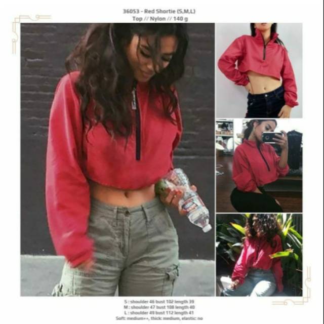 Atasan pendek crop polos merah lengan panjang resleting depan