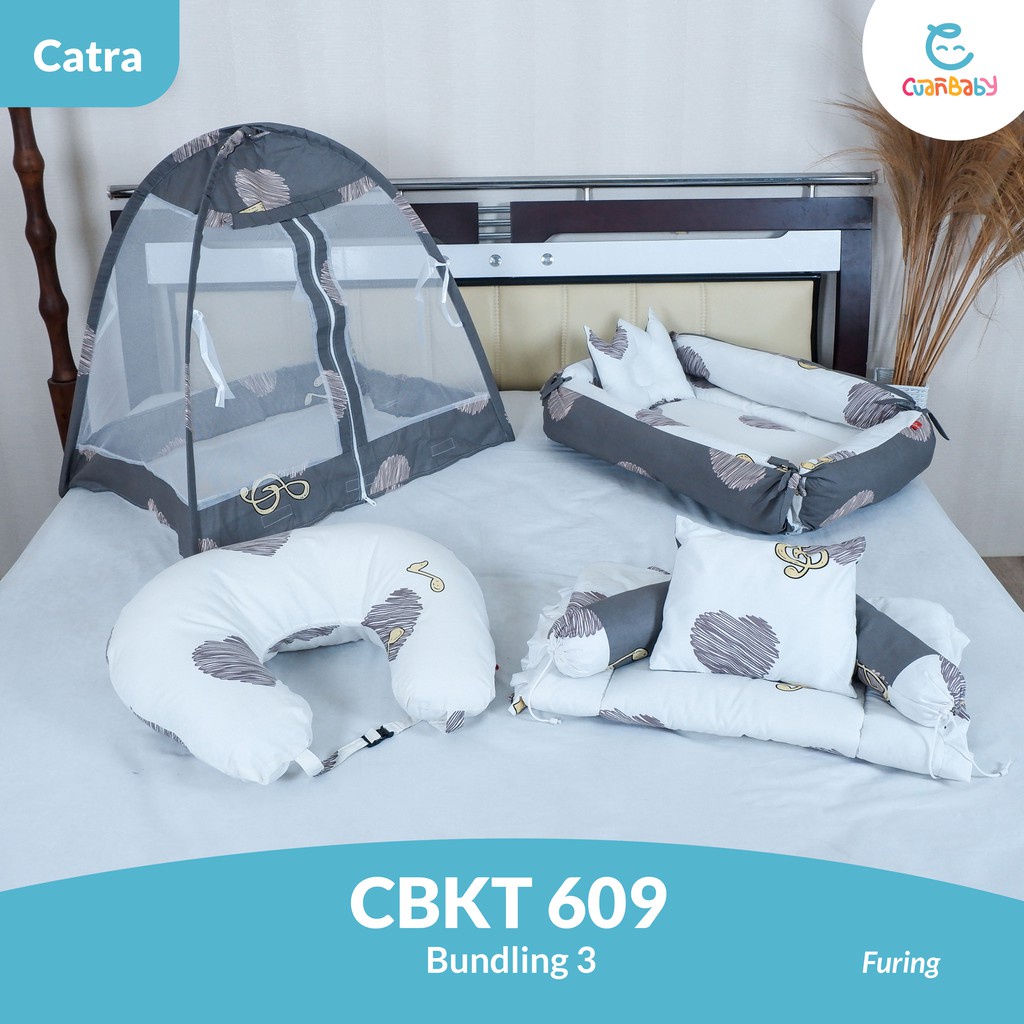 Kasur Bayi Tenda Paket 3 Sprei Furing Motif Love Grey and White CBKT 609 Kain Catra