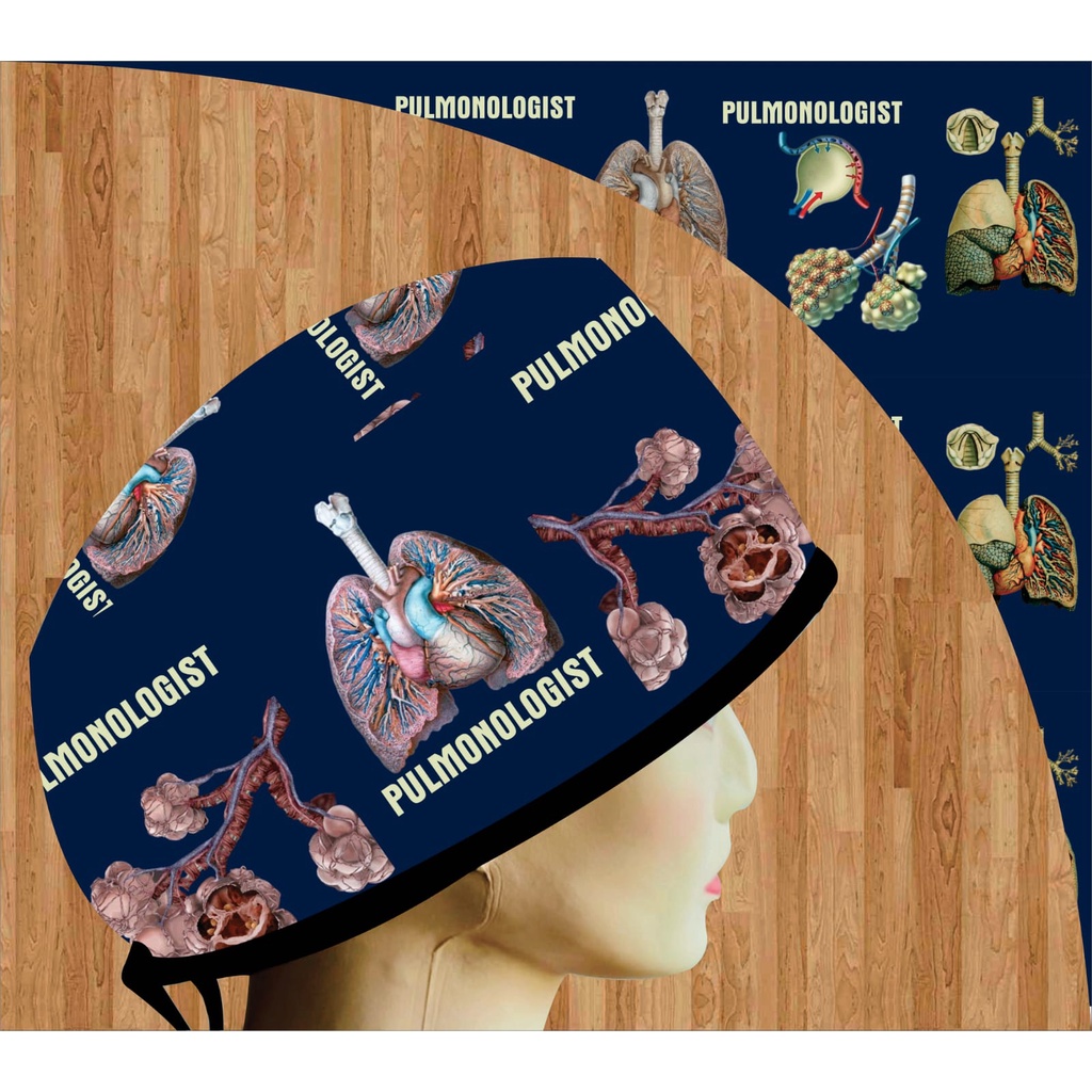 Head Cap /Topi Medis / Scrub Hat / Surgical Cap / Topi Dokter Custom Printing Motif Pulmonologist / 