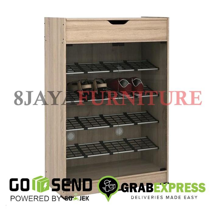 Rak Lemari Sepatu Sendal Alba SR 80 Pintu Full Kaca Kayu Sliding OAK