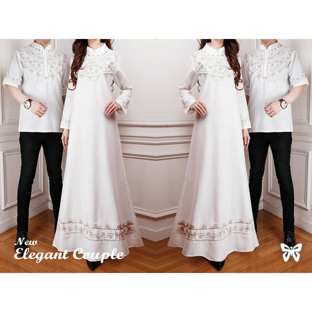 TERMURAH !!! Baju Couple Set Kemeja dan Dress Elegant Bordir Gamis Terbaru Lebaran 2023 Putih