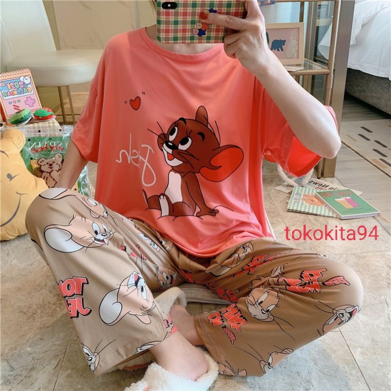 Piyama Import Wanita Lengan Pendek 1 Set Motif Kartun - Piyama Import - Pakaian Tidur Nyaman
