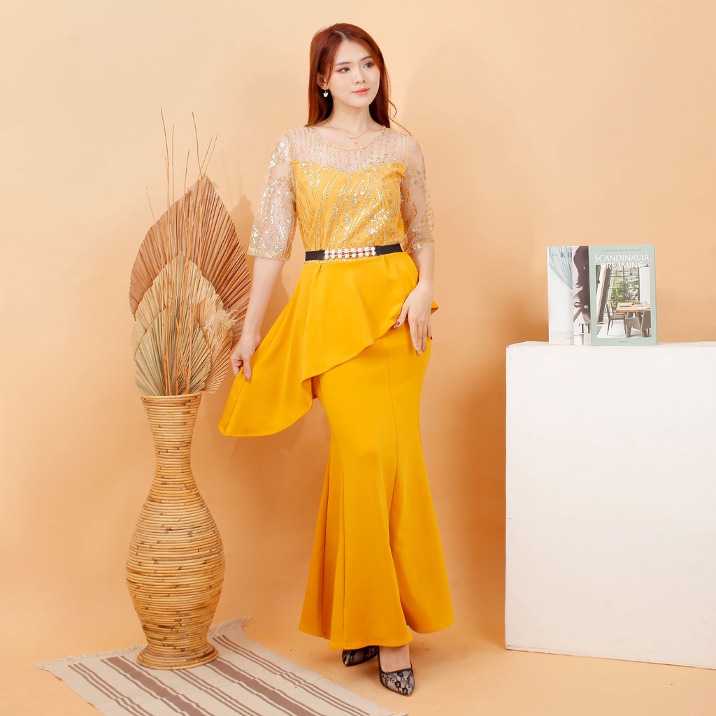 kathryn collection # 4873 , LONG DRES BAHAN SCUBA KOMBINASI TILE SUGAR CANDY FREE BELT MUTIARA