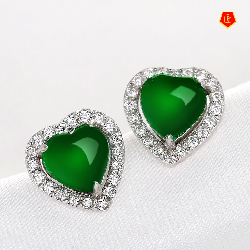 [Ready Stock]Elegant Green Chalcedony Heart-Shaped Stud Earrings