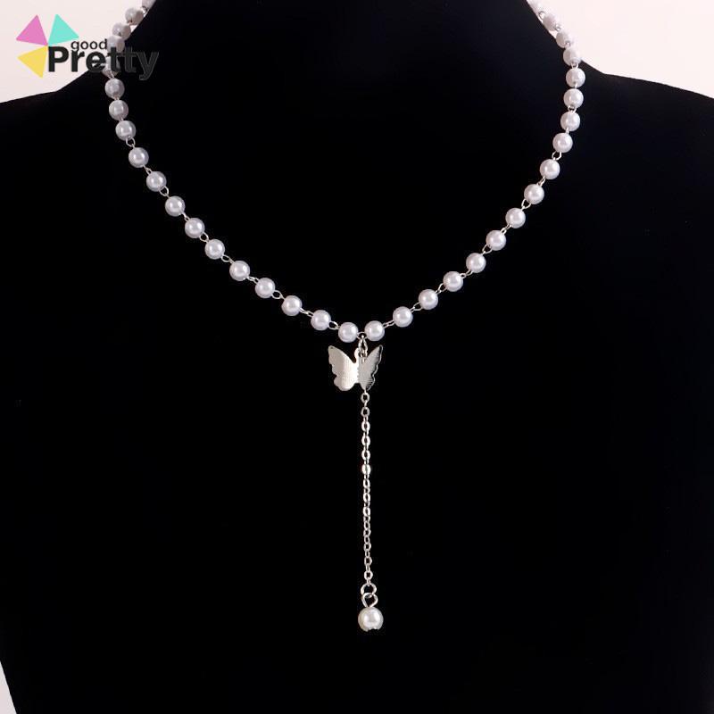 Retro Butterfly Pearl Kalung Lembut Gadis Kecil Cinta Liontin Kalung Rantai Klavikula - PD