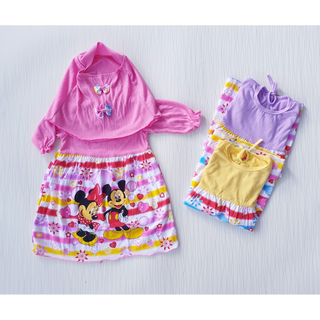 dress gamis anka usia 3-18 bulan minnie mickey sudah termasuk jilbab