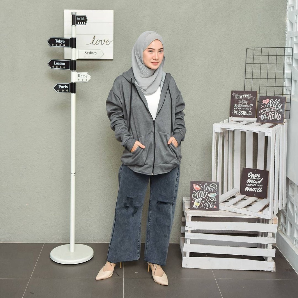 Hoodie Tudung Zipper Dark Grey Color Cewek Cowok Unisex Fit To XXL ld 130CM