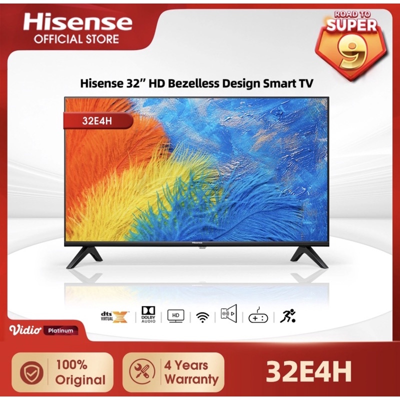 [New arrvial 32E4H] Hisense 32" HD Vidaa Smart TV-Bezelless Design-Dolby Audio- Youtube/Netflix/Prim