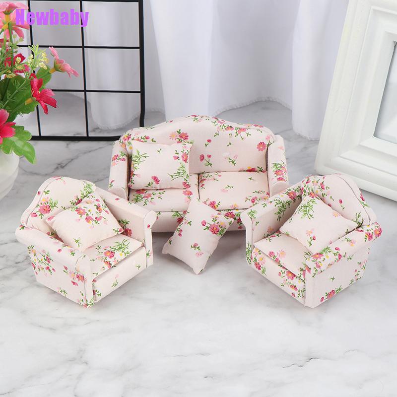 (Newbaby) 3pcs / Set Miniatur Sofa + Bantal Bahan Kayu Skala 1: 12 Untuk Dekorasi Rumah Boneka