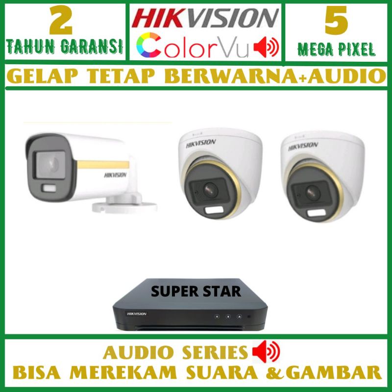 PAKET CCTV HIKVISION COLORVU 4 CHANNEL 3 KAMERA AUDIO SIANG MALAM BERWARNA