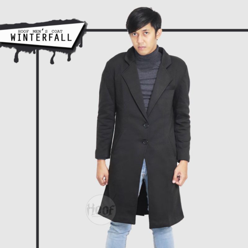 LONG COAT BOY WINTERFALL BLACK - Jaket Panjang Hitam Pria Cowok Fleece Tebal Winter Dingim Korea