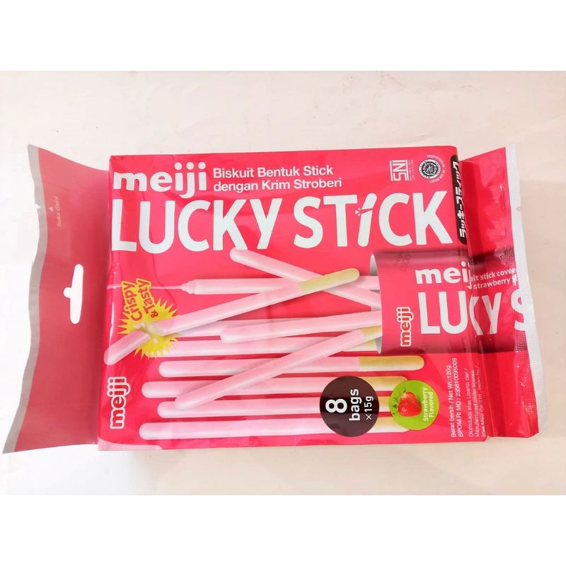 Meiji Lucky Biskuit Stick FAMILY PACK coklat / strawberry 120 gr isi 8 bags