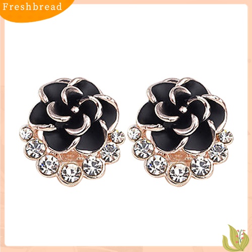 Fresh| Anting Tusuk Motif Bunga Peony / Camellia Bahan Alloy Hias Berlian Imitasi Untuk Wanita / Pesta