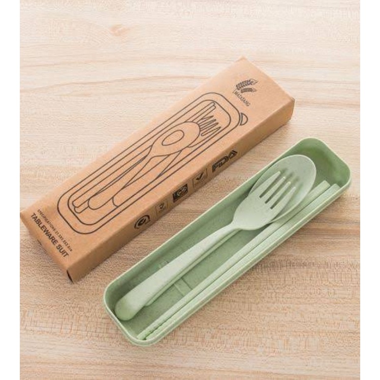 Sendok Set Jerami Souvenir Korean Sumpit Travel Gandum Unik Alat Makan Kado Lunch Box Kotak Makan-HIJAU