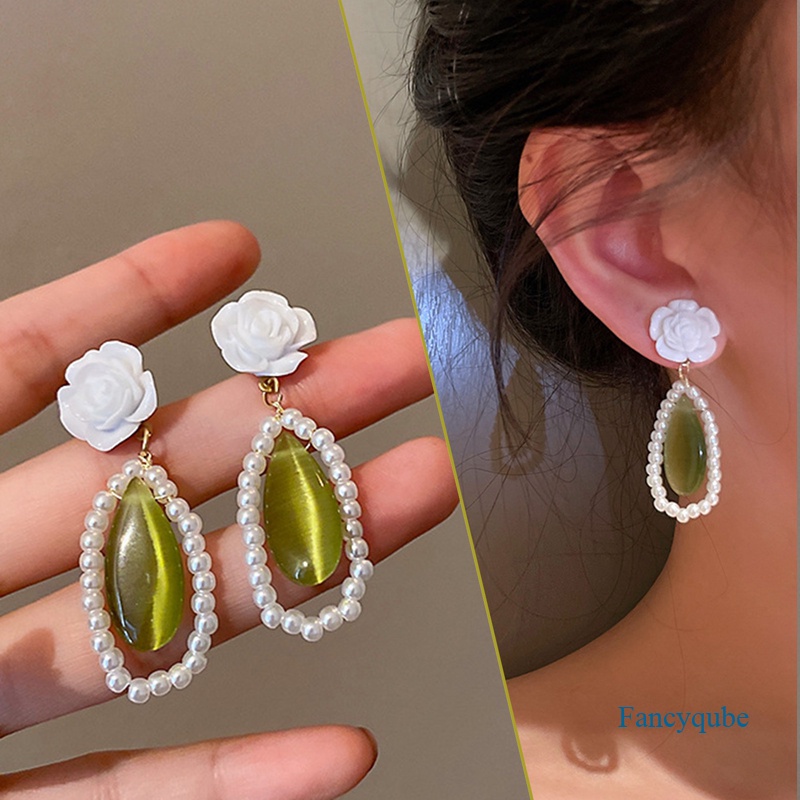 Anting Tusuk Gantung Bahan Sterling Silver 925 Desain Bunga Hias Opal Hijaumutiara Gaya Retroelegan Untuk Wanita