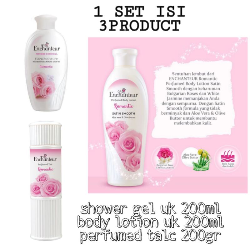 Enchanteur Paket Bundling isi 3 product Body Lotion 200ml | Shower gel 200ml | perfume talc 200gr