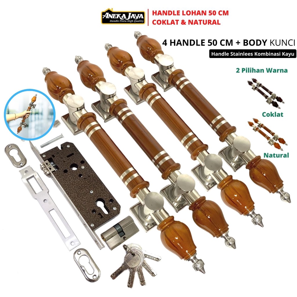 Handle Set Kunci Pintu Panjang 50 cm Gagang Tarikan Pegangan Pintu Rumah Terabaru Bahan Stainlees Warna Coklat Natural Kayu