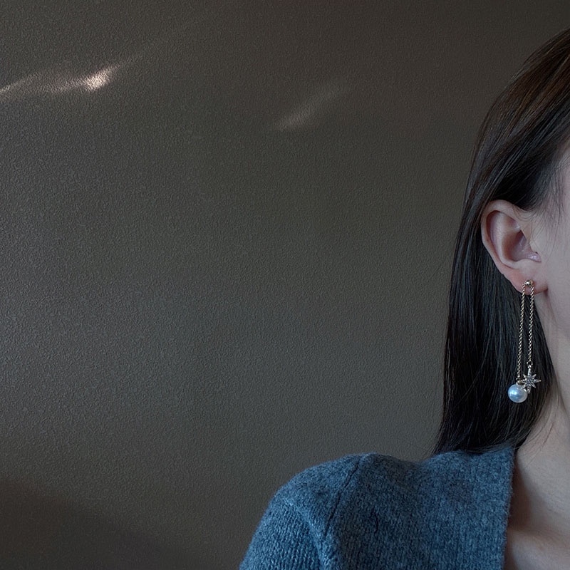 Anting Gantung Panjang Model Bintang Dengan Mutiara Bahan silver 925 Untuk Wanita