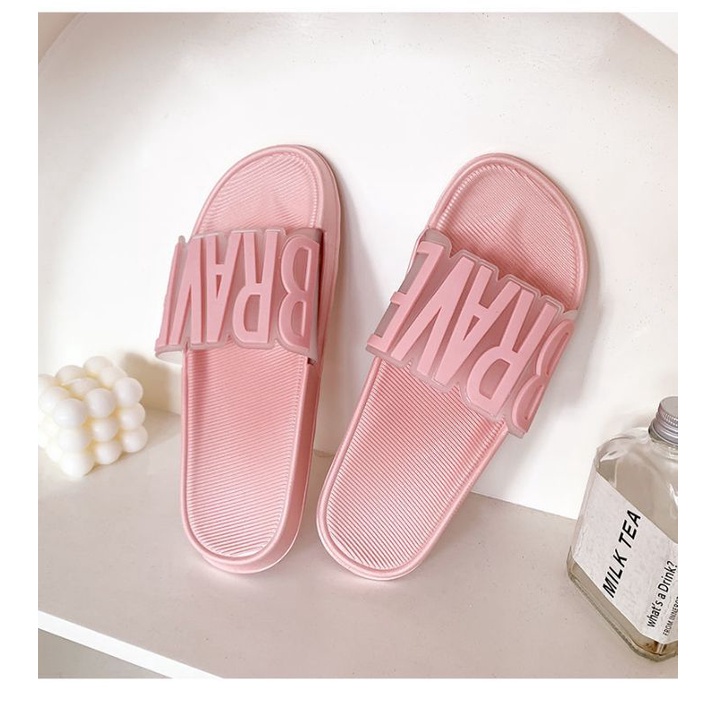IDEALIFESHOES TOKO SANDAL WANITA IMPORT TERBARU MODEL SLIP ON BERTULISAN BRAVE  WARNA PINK DAN PUTIH BAHAN PVC KARET ANTI SLIP