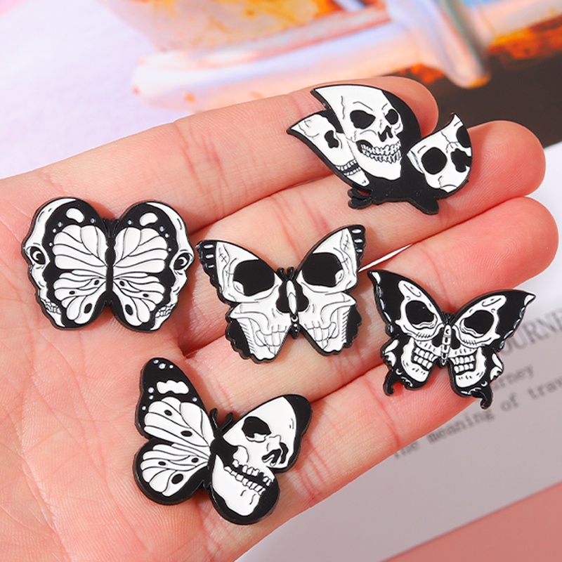 Bros Pin Enamel 5 Gaya Punk Bentuk Tengkorak Butterfly Untuk Hadiah Teman