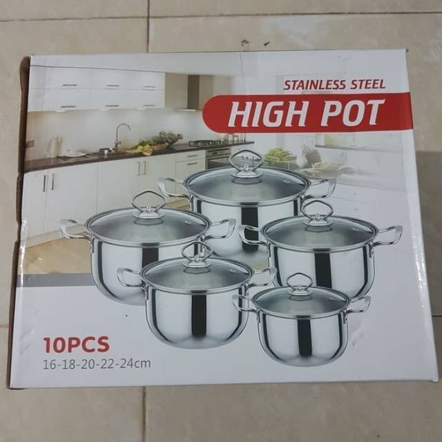 PANCI SET HIGH POT isi 5 / panci set steamer + tutup kaca / 5 in 1 set panci stainless tutup kaca