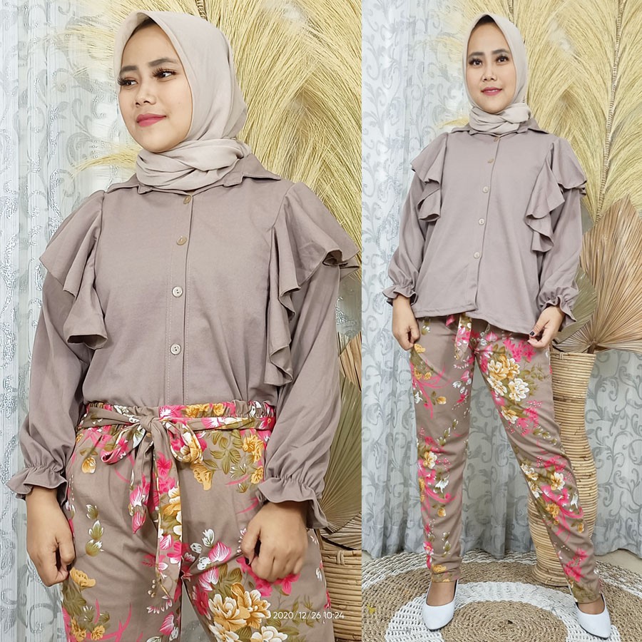 SETELAN MELISSA BAJU BUSUI DAN CELANA BUNGA TALI IKAT PINGGANG GL FASHION