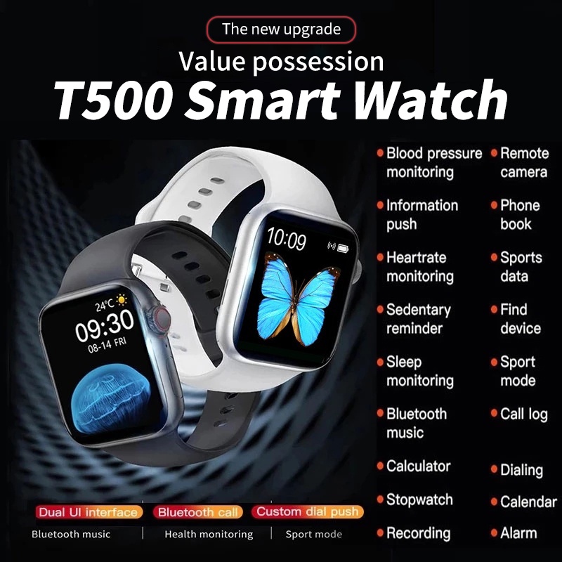 [✅COD] T500 Smart watch IP67 Anti air dengan Monitor Detak Jantung / Tidur（Full Screen Touch ）