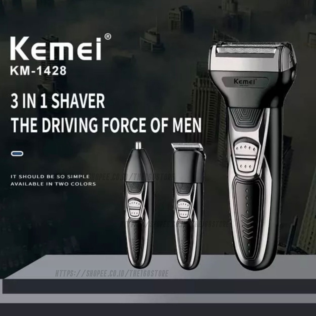 Kemei KM 1428 Alat Cukur Rambut Jenggot Kumis Bulu Hidung Multifungsi Serbaguna 3 in 1 Hair Clipper Shaver Cukuran KM 1428