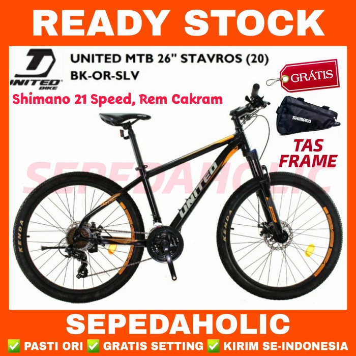 Sepeda Gunung 26" Inch MTB UNITED STAVROS Shimano 21 Speed GARANSI ORI - BK OR SLV, BONUS TAS MTB