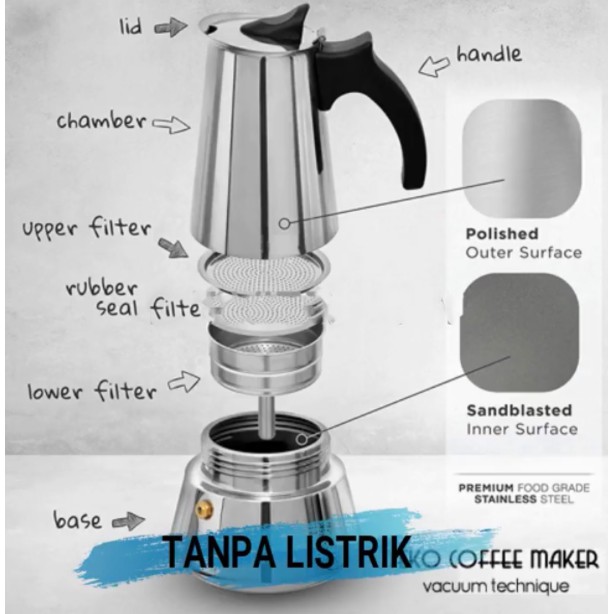 OneTwoCups Espresso Coffee Maker Moka Pot Teko Stovetop Filter 100ml 2 Cup 300ml 6 Cup -Z21 - Silver