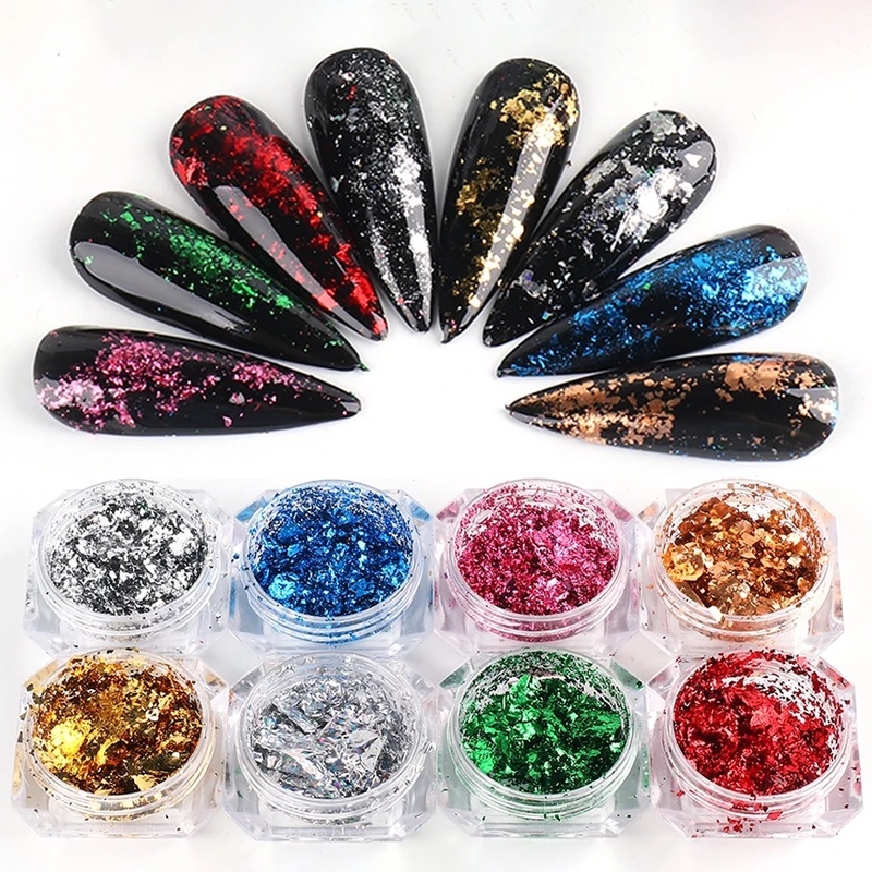 1 Kotak Serpihan Payet Glitter Irregular Flakes Chrome Pigmen Emas Foil 3D Untuk Dekorasi Manicure