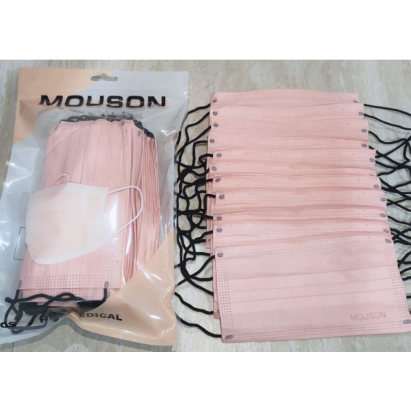 Masker mouson warna 3 ply peach , ungu,putih,maroon,hitam isi 50 pcs