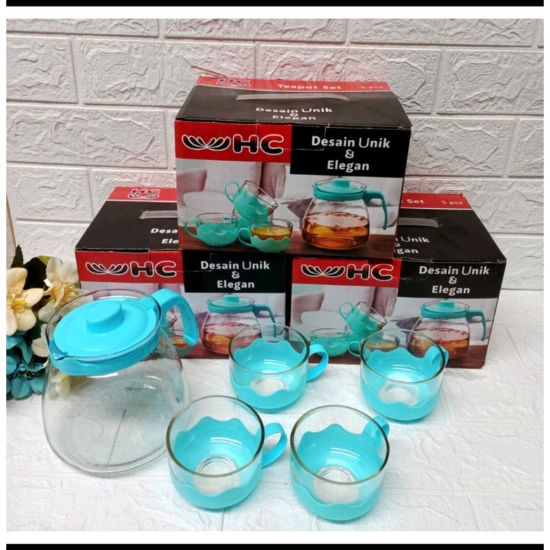 Tea Pot 5in1 Kaca , 1 Teko 4 gelas kaca