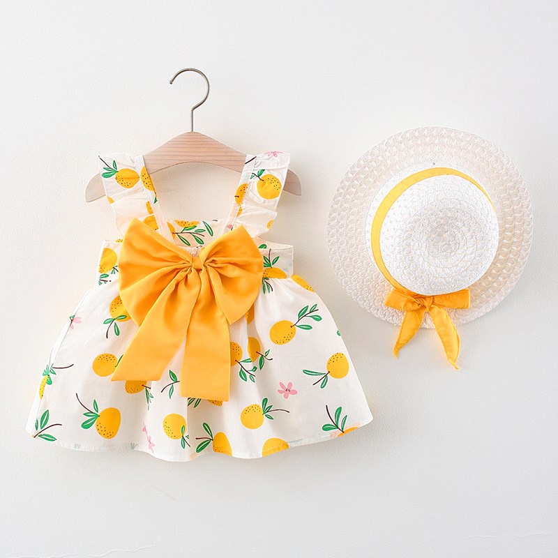 BY-06 Motif Lemon dan Appel Dress Bayi Dengan Pita Besar Free Topi / Gaun Baju Anak Perempuan Import Premium Korea Design Sangat Imut dan Lucu Sekali