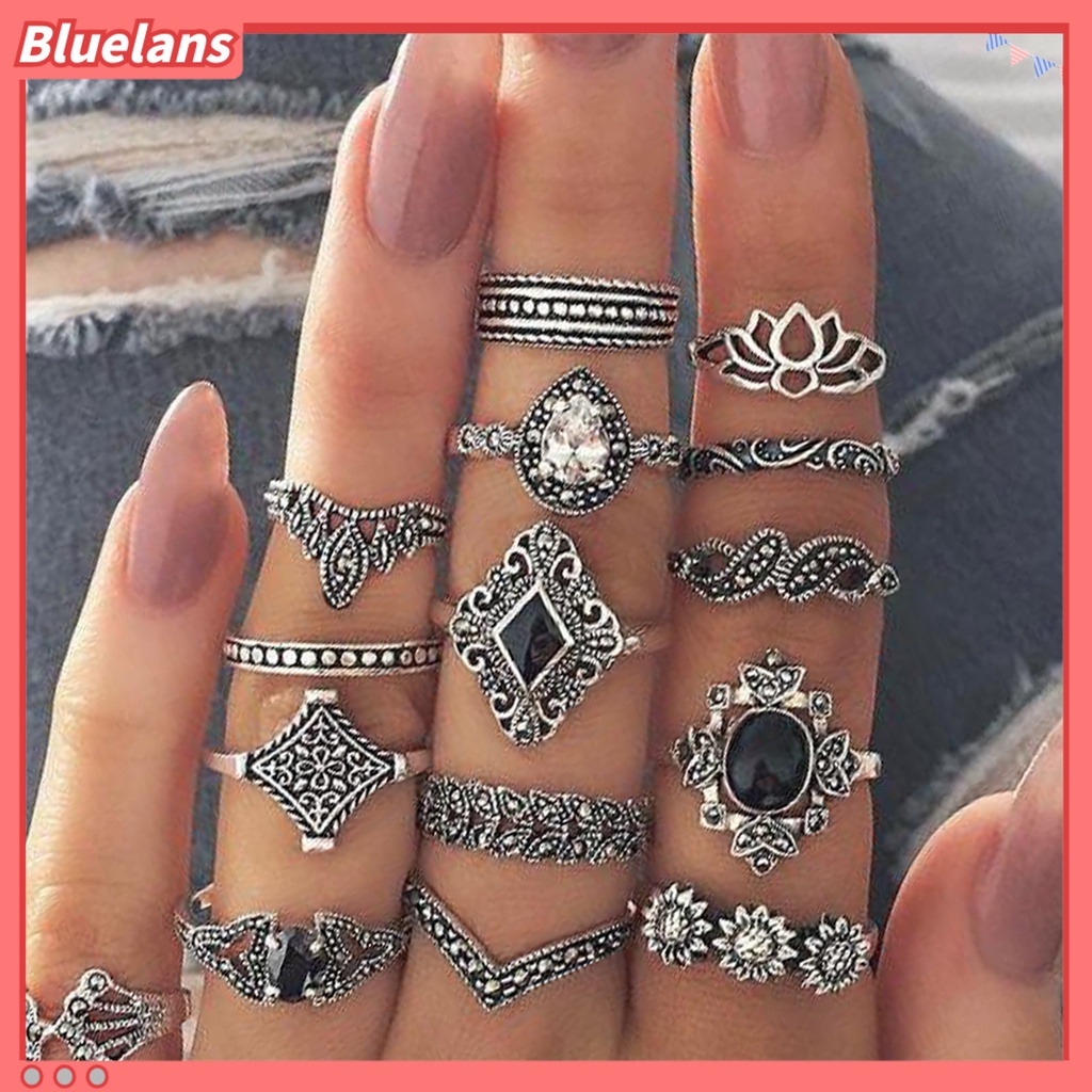 Bluelans 15 Pcs Cincin Berlian Imitasi Model Terbuka Tidak Pudar Gaya Bohemian Untuk Wanita
