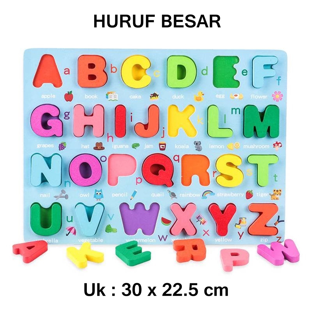 Mainan Edukasi Anak Basic Shape Kayu Balok Geometri Puzzle 3D Montessori Sensory Xylophone Jam Angka-PUZZLE HURUF BESAR