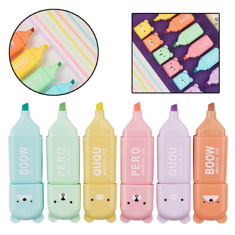 4 /5/6Pcs/set Pena Macaron Ins Stabilo Gaya Beruang Mini Lucu/Kreatif Warna Permen Soft Tip Candy Color Manga Marker/DIY Album Foto Jurnal Fluorescent Pen