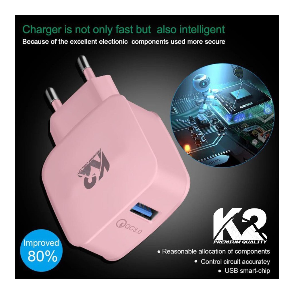 ADAPTOR CHARGER MACARON K2 PREMIUM QUALITY QUALCOMM 3.0Ampere ADAPTIVE FAST CHARGING [fs]