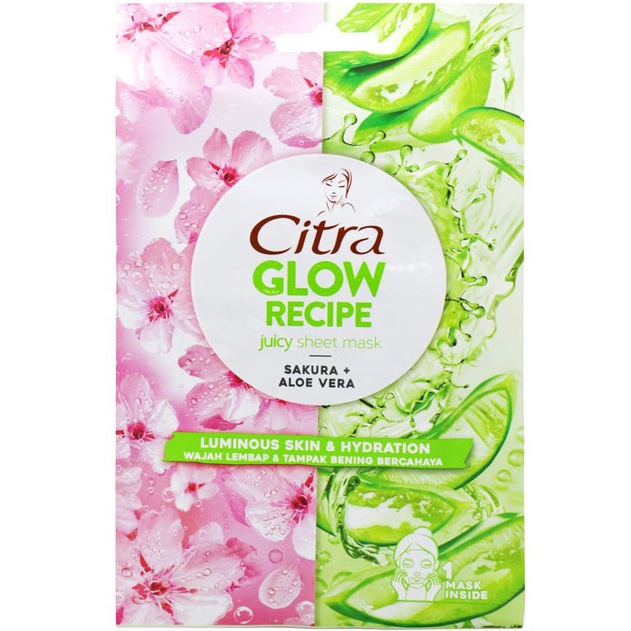 Citra Glow Recipe Juicy Sheet Mask Sakura &amp; Aloe vera 25 Gram Masker bening bercaya