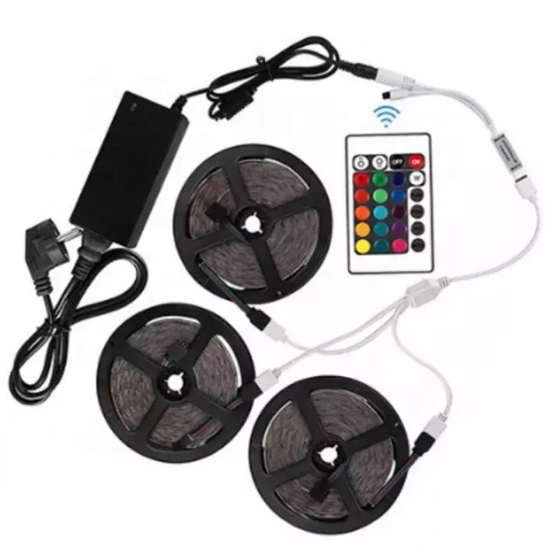 Paket Led strip RGB SMD 5050 2835 remote 24k IP44 15 meter warterproof set lengkap adaptor 3528 Lampu 15m