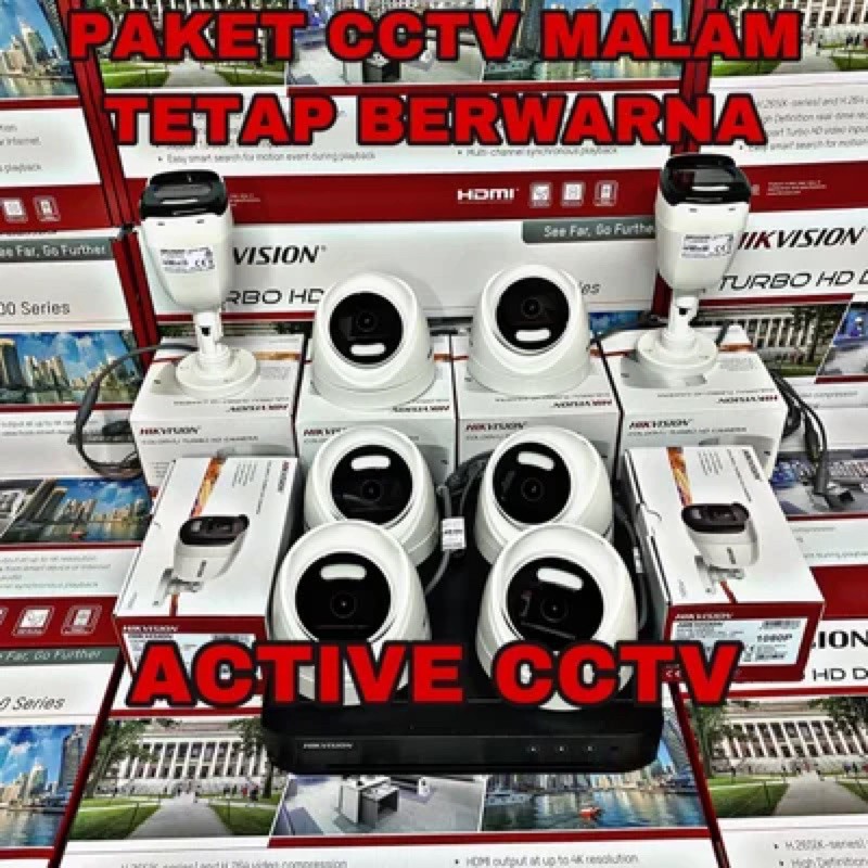 paket camera cctv 8 kamera hikvision 2mp dual light colorvu + audio 8 channel ch malam tetap berwarna colour 8ch