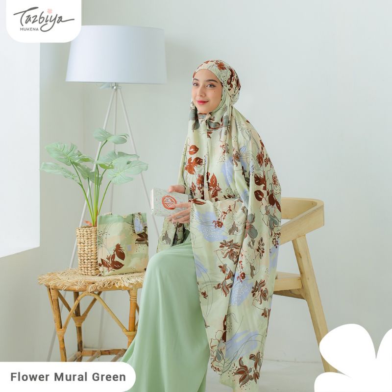 Mukena Tazbiya Flower Mural Series Green/Salem/Navi Jumbo Dewasa Katun Rayon Adem Motif Cantik Traveling