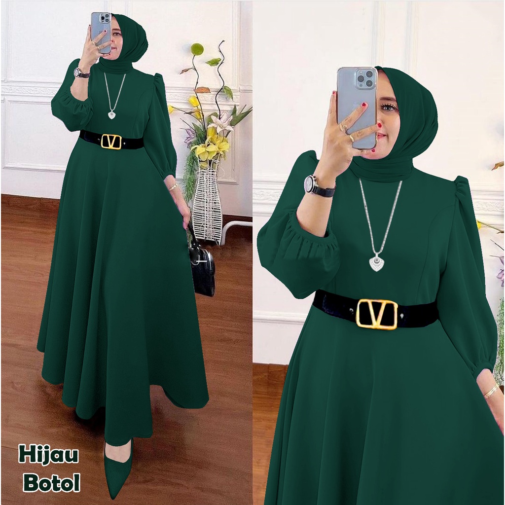 HOPYLOVY Gamis Wanita Maxi Dress Safira Bahan Scuba Premium FREE Belt V