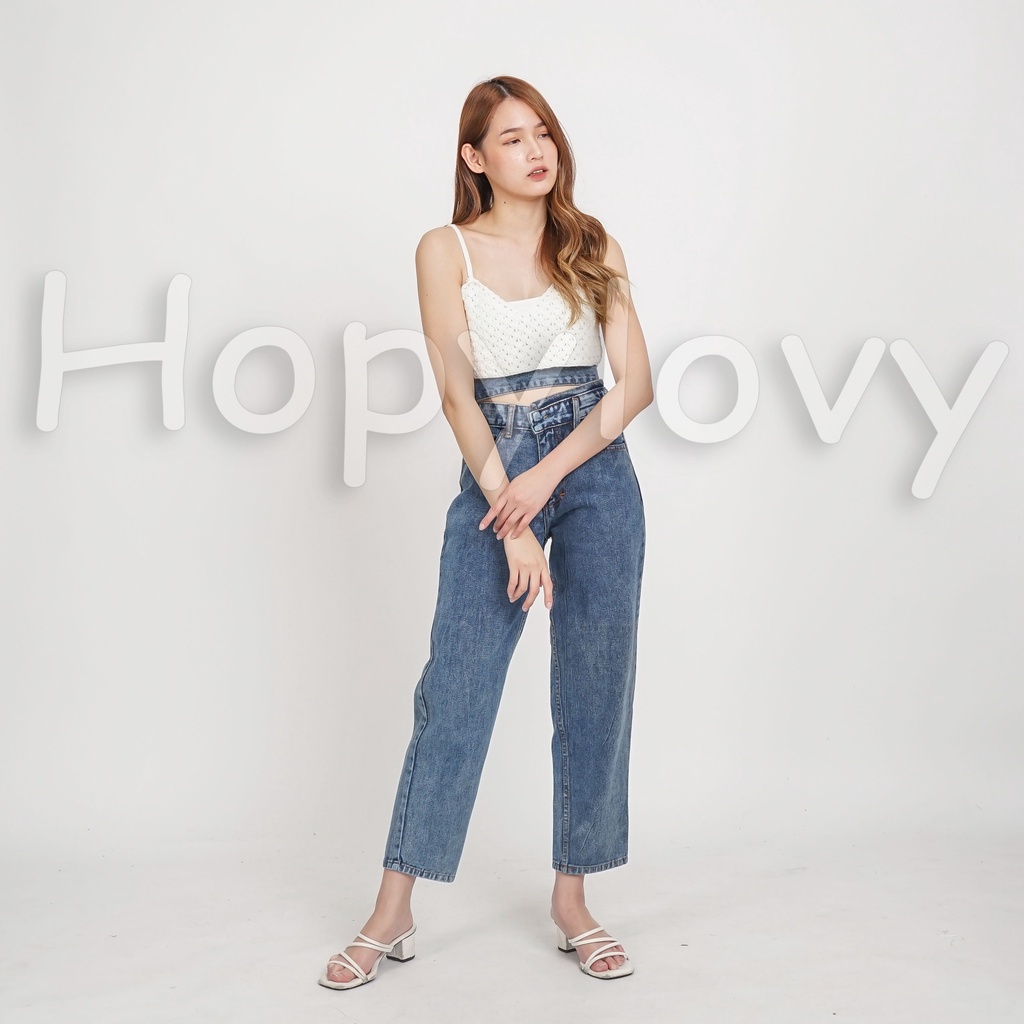 HOPYLOVY Celana Boyfriend Loose Jeans Wanita Pinggang Tali Double BF Highwaist Aneta